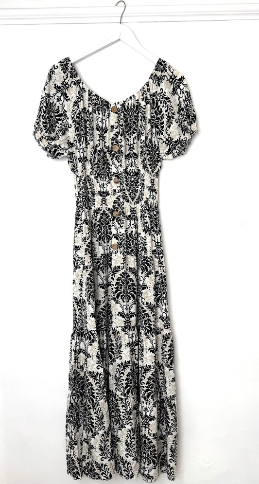 Lynsey Bardot Neck Shirred Maxi Dress With Tiered Skirt