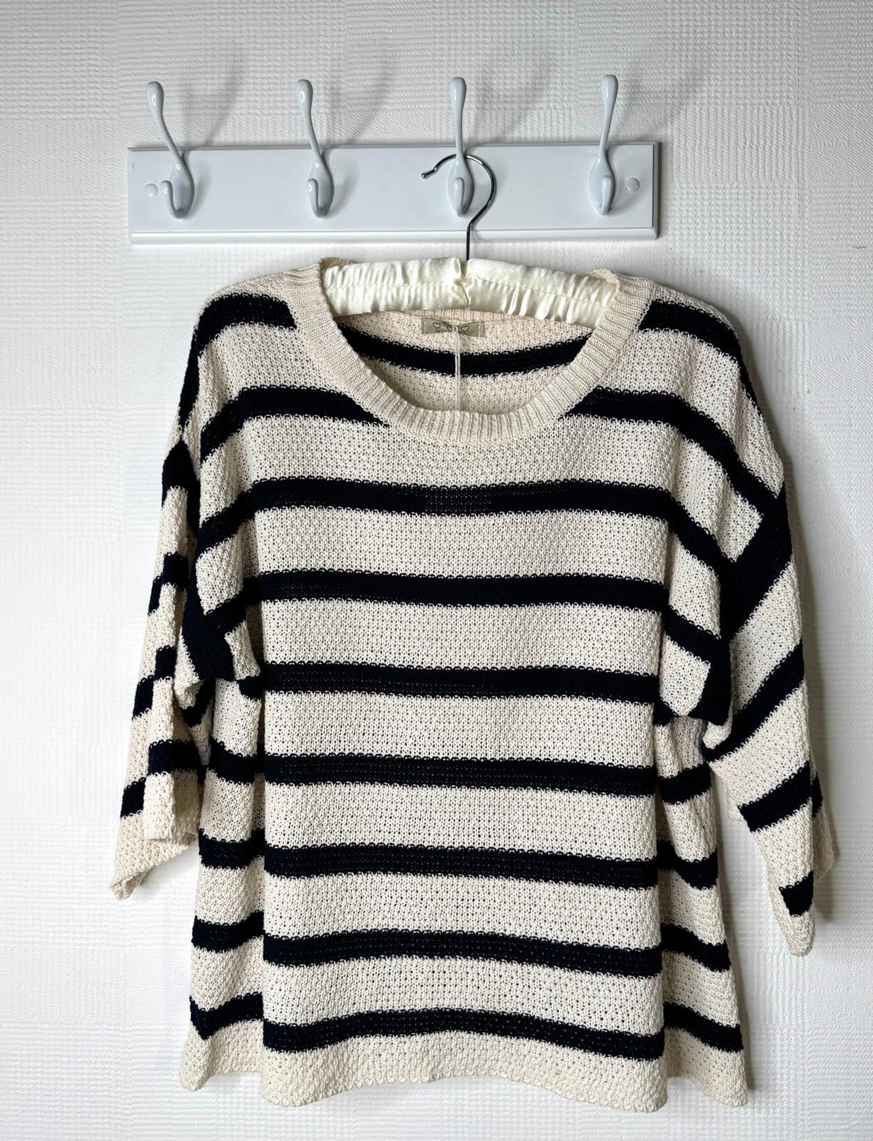 Cream & Navy Stripe Cotton Blend Wide 3/4 Sleeve Jumper 