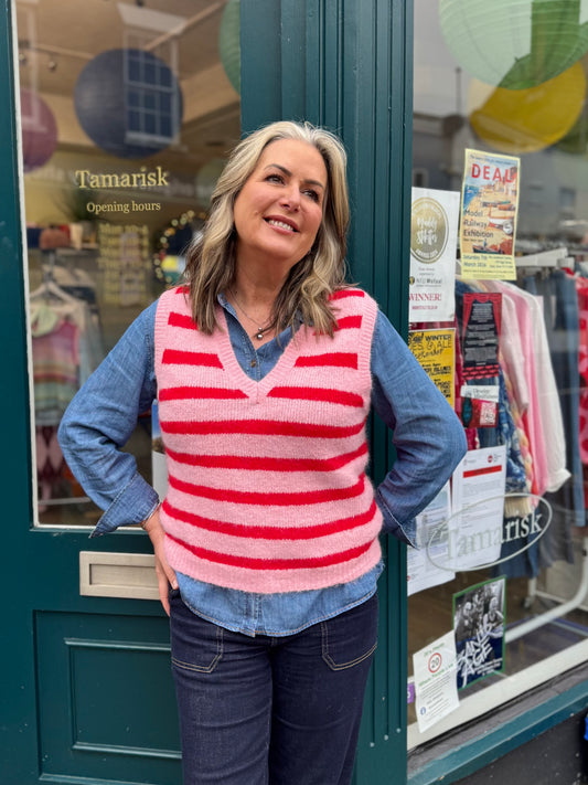 Helen Wool Blend Striped V Neck Knitted Tank Top - 2 Colours