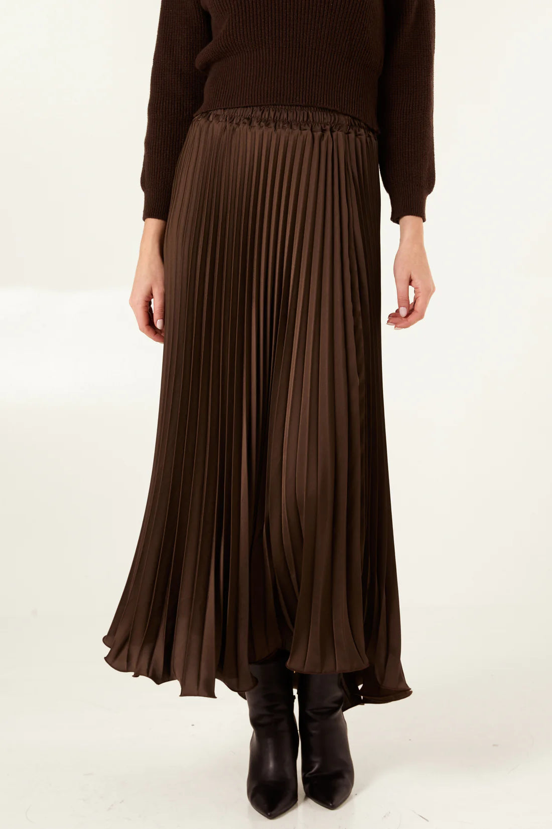 Liza Satin Pleated Maxi Skirt - Chocolate Brown, Wine Or Khaki