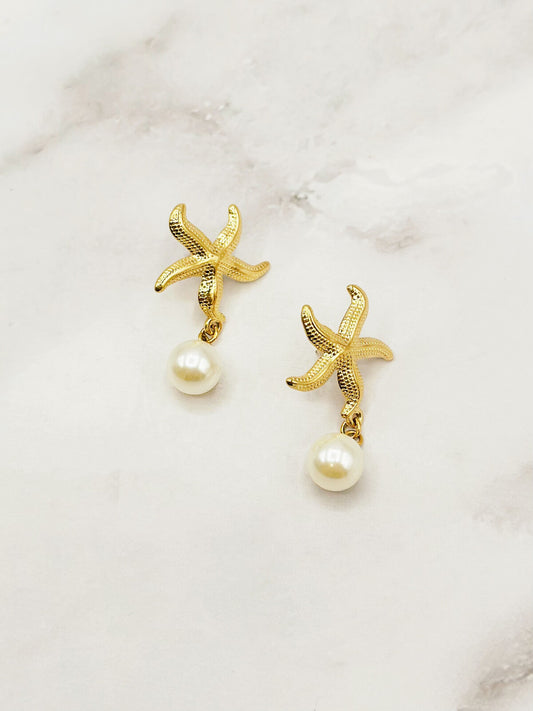 Pearl & Gold Starfish Dropper Earrings