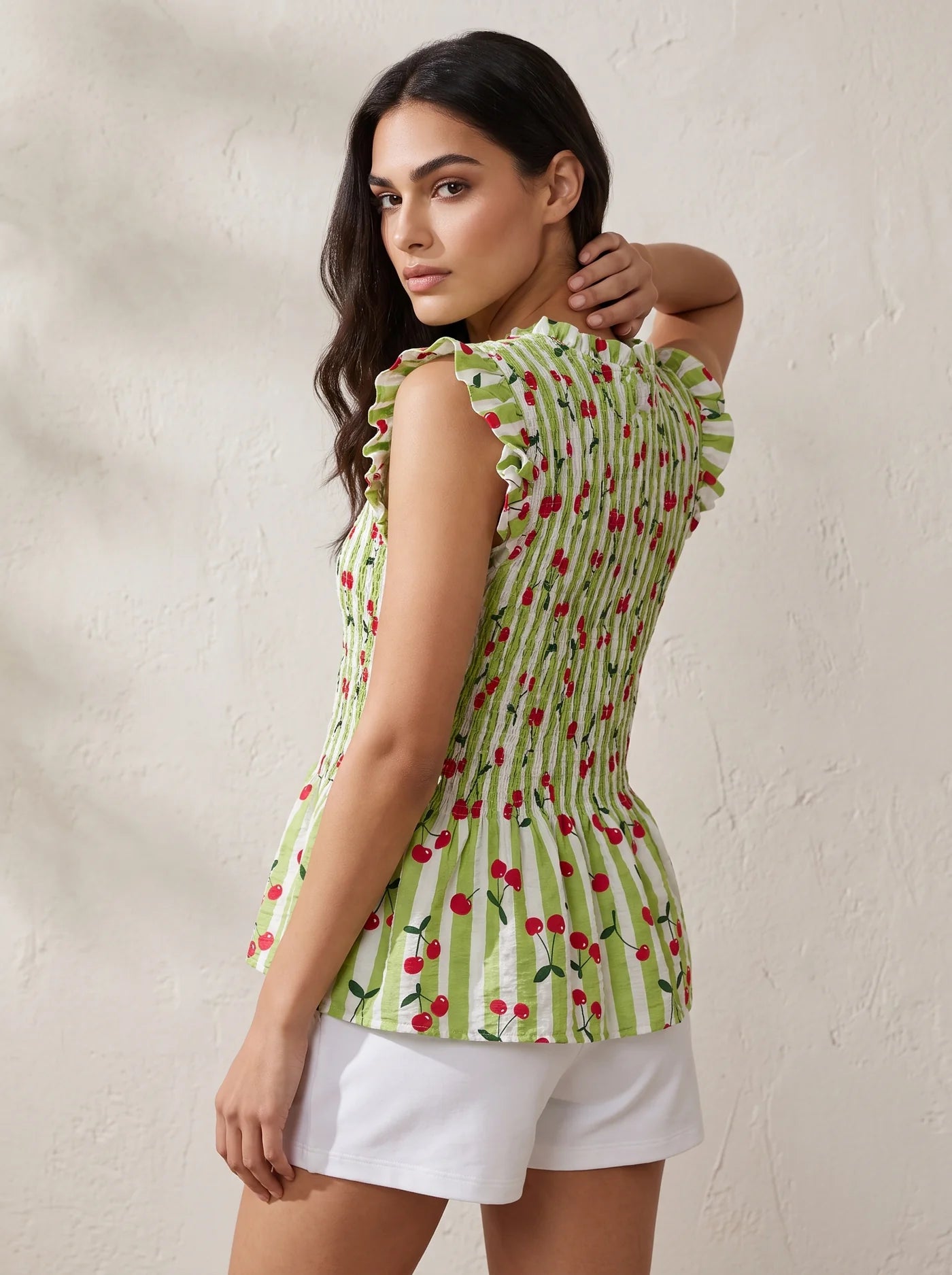 Cherry Stripe Shirred Top