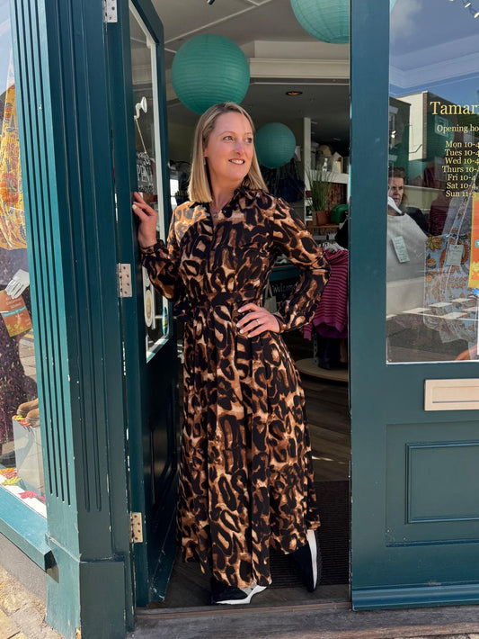 Grace Brown & Camel Leopard Print Midaxi Shirt Dress