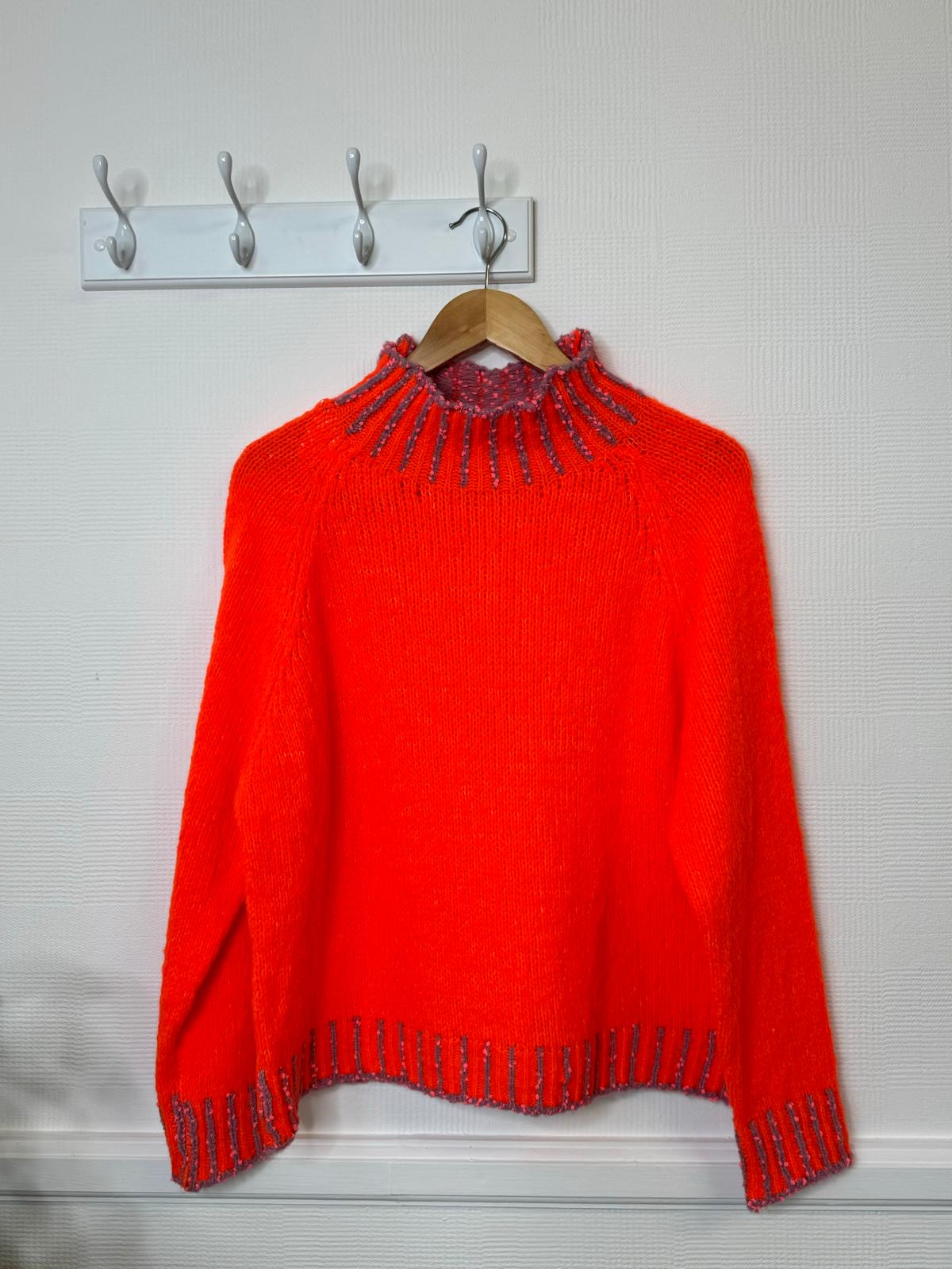 Birdie Blanket Stitch Trim Funnel Neck Jumper - Flame Orange