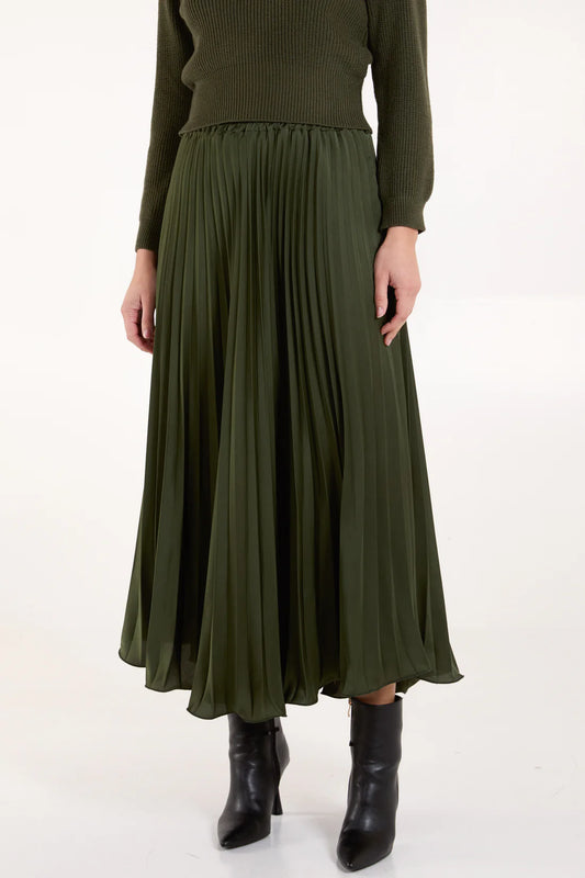 Liza Satin Pleated Maxi Skirt - Chocolate Brown, Wine Or Khaki