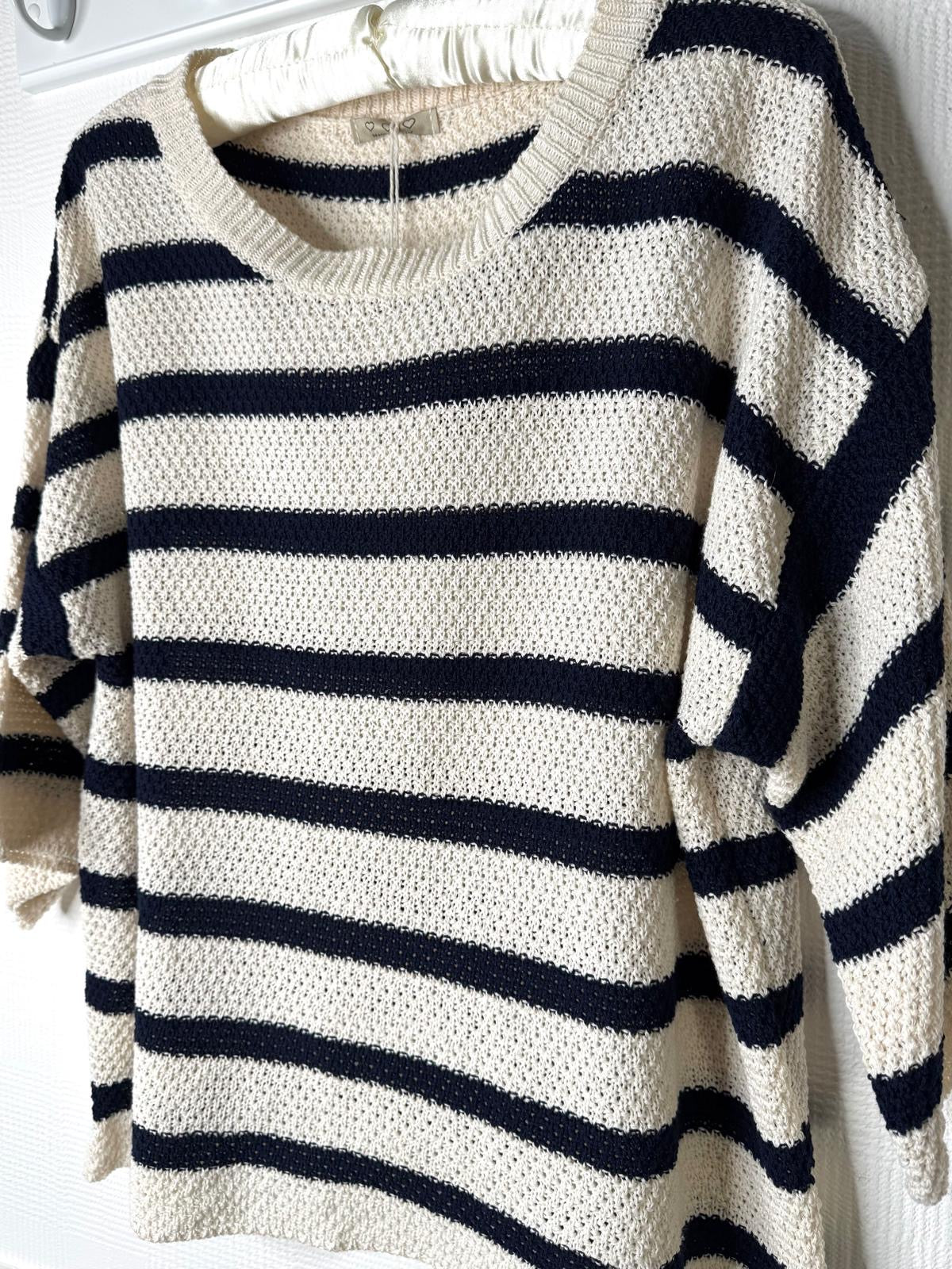 Cream & Navy Stripe Cotton Blend Wide 3/4 Sleeve Jumper 