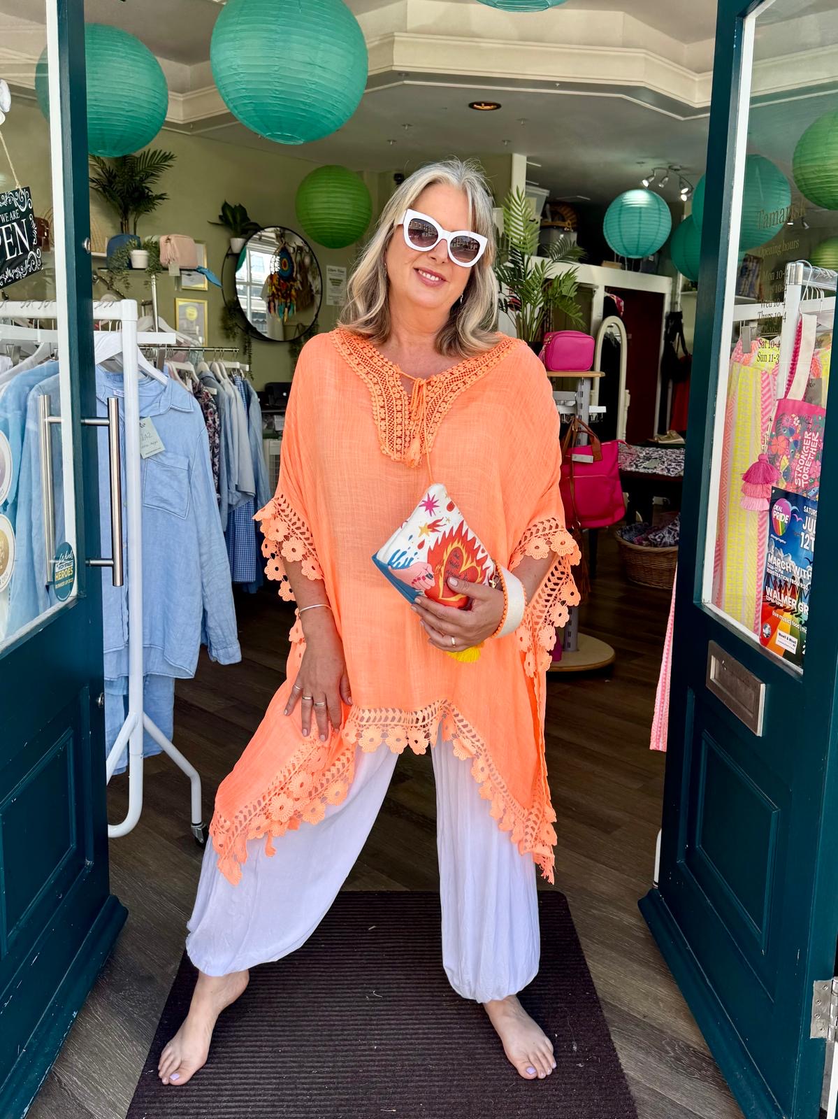 Sandra Loose Crinkle Cotton Kaftan With Lace Trim & Tassels - Neon Orange