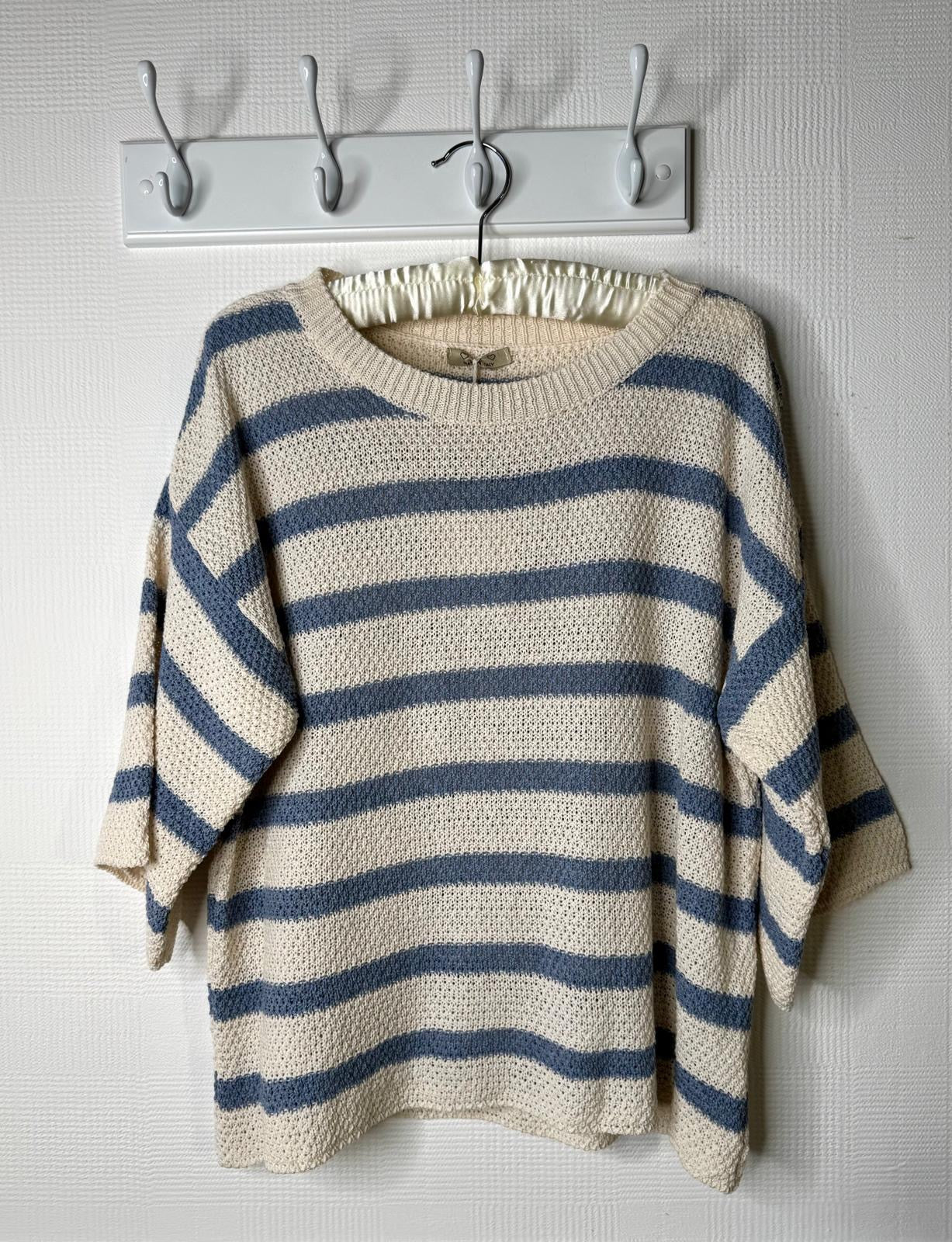 Cream & Denim Stripe Cotton Blend Wide 3/4 Sleeve Jumper 