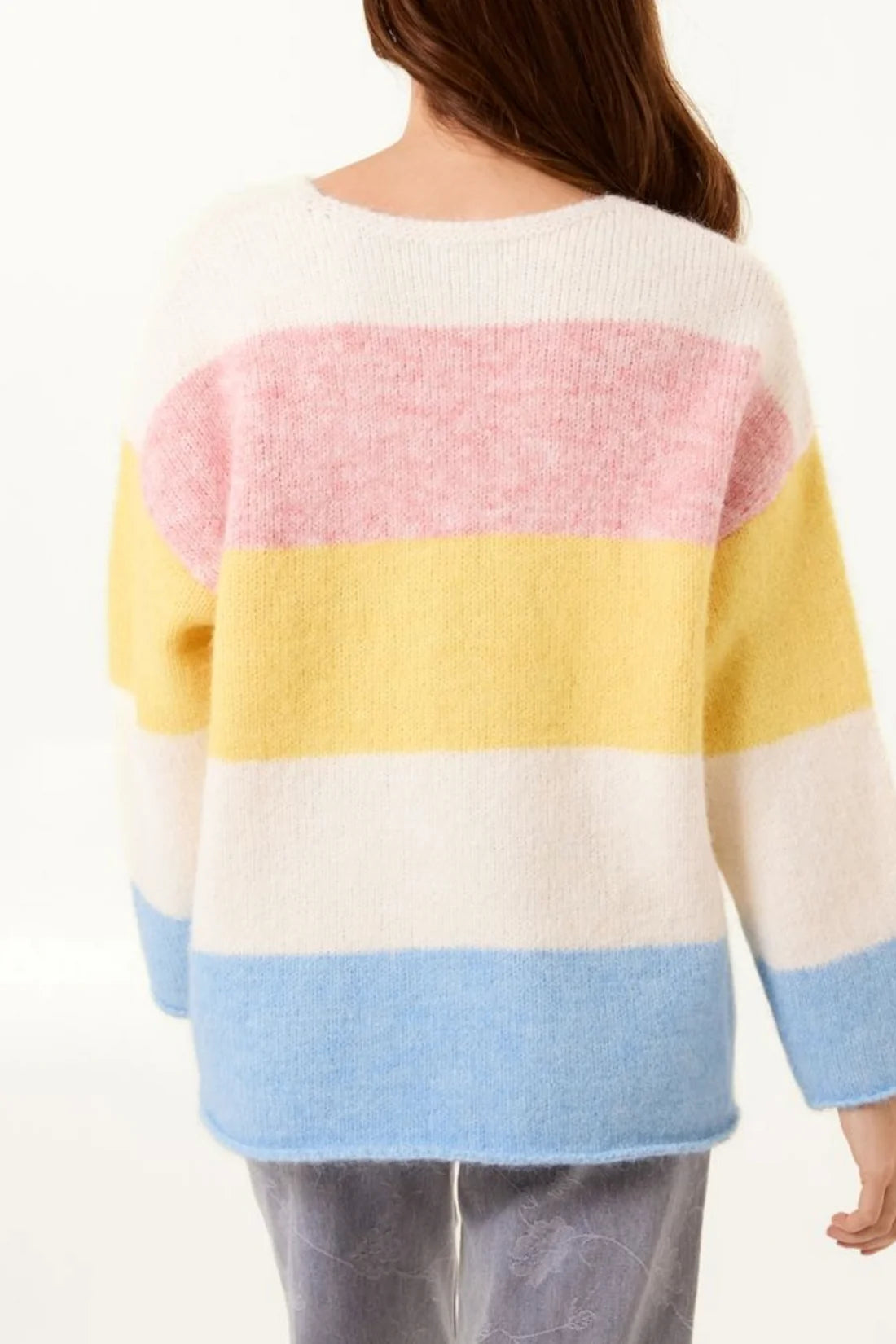 Pastel Multi Striped Soft Knit V Neck Jumper 