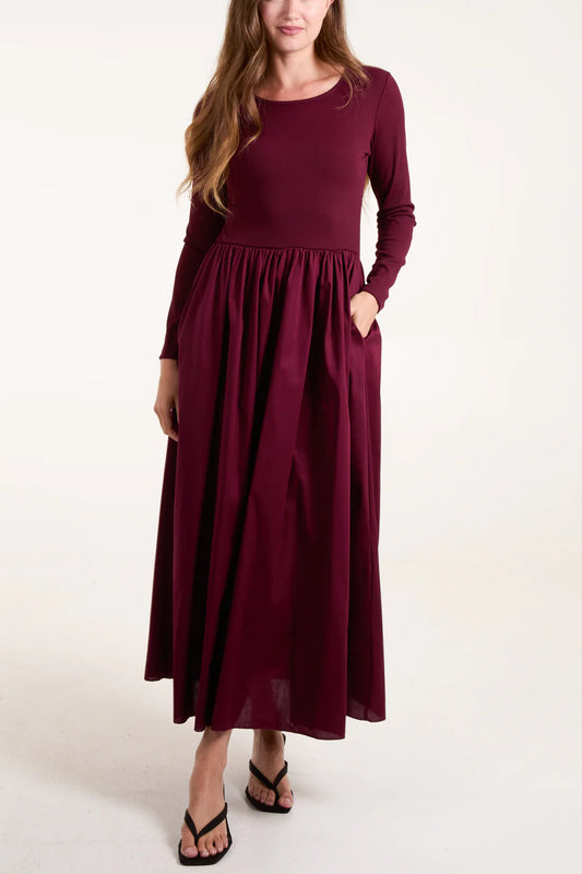 Coleen Ribbed Top Scoop Neck Long Sleeved Dual Fabric Dress - Burgundy