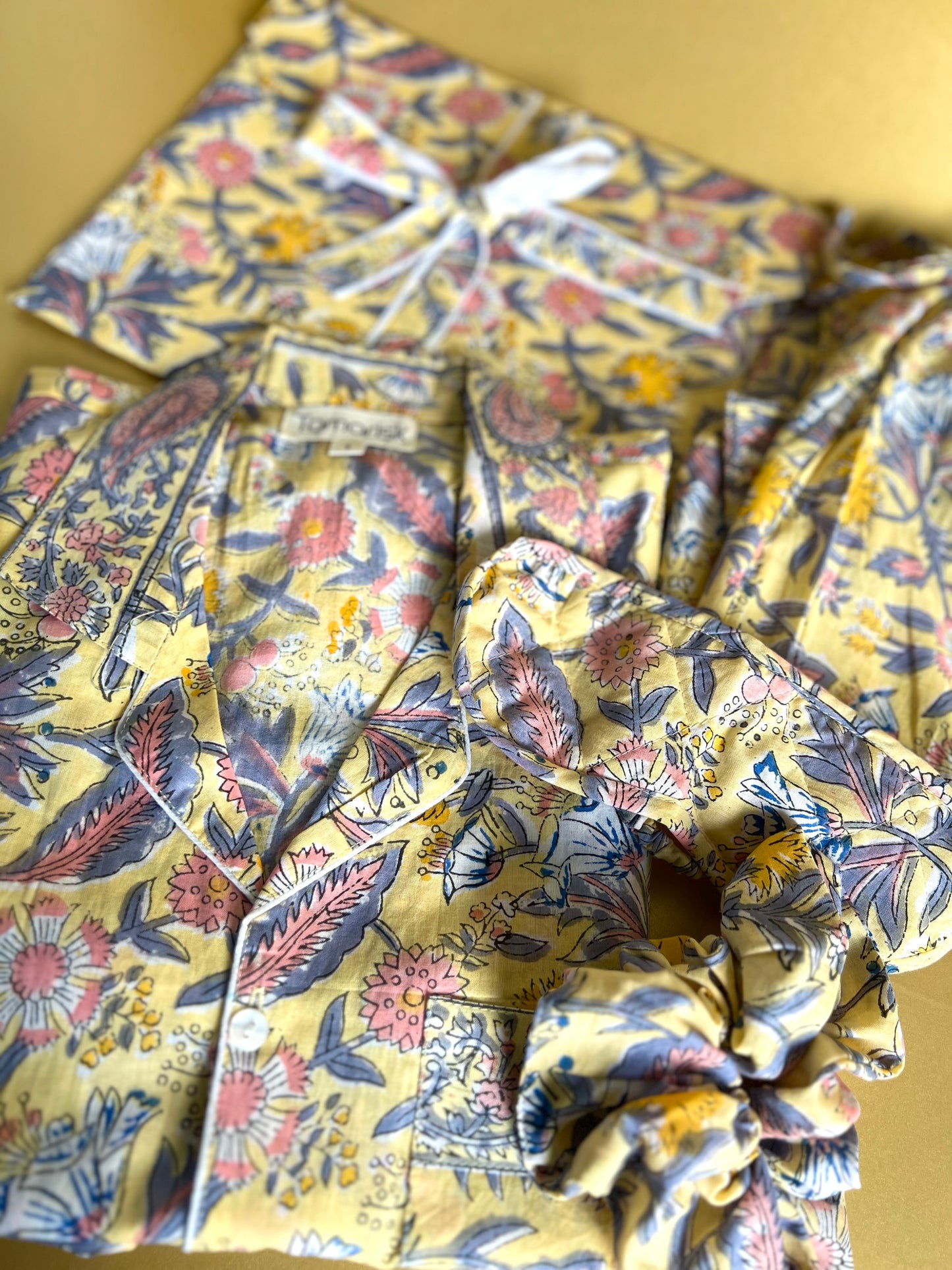 Christie Hand Block Printed Indian Cotton Pyjamas - Yellow Floral