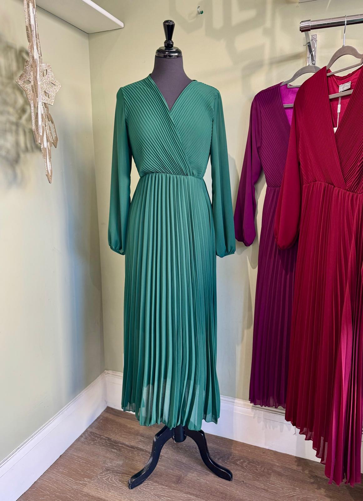 Long Sleeve Pleated Faux Wrap Chiffon Midaxi Dress green 