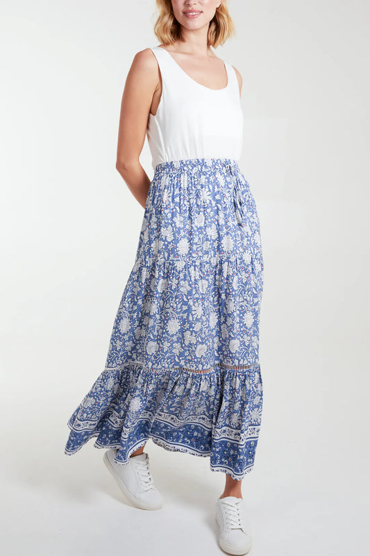 Amelia Boho Tiered Blue Floral Maxi Skirt