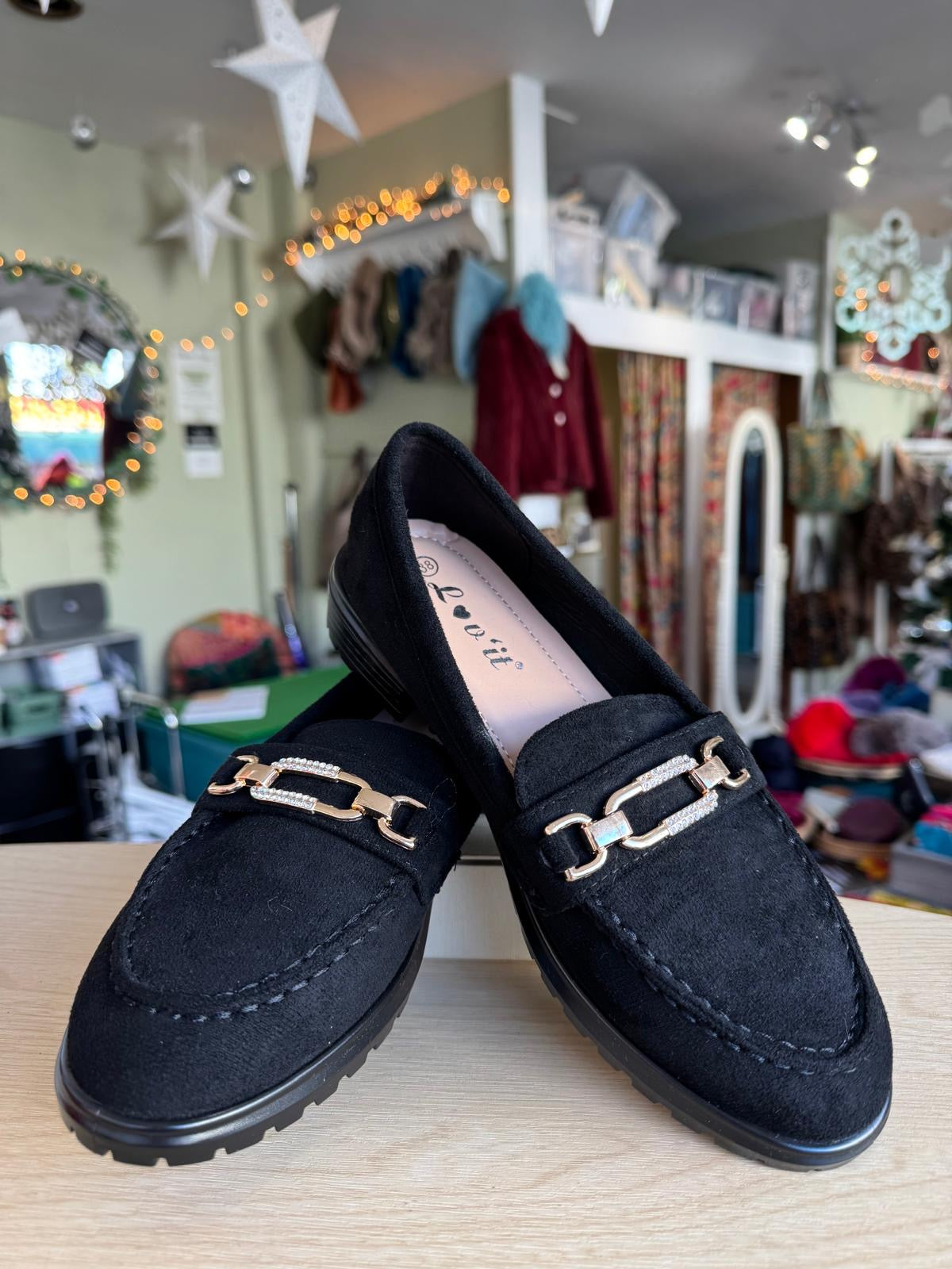 Black Faux Suede Classic Loafers With Gold Chain Trim