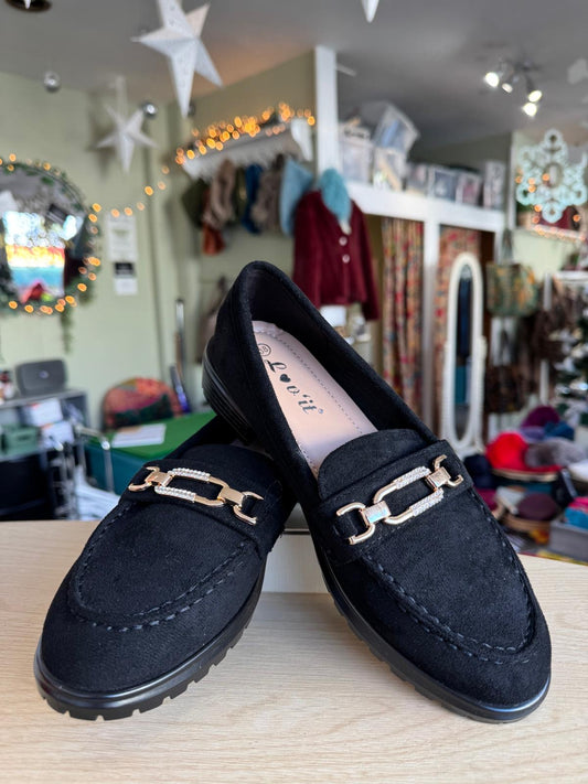 Black Faux Suede Classic Loafers With Gold Chain Trim