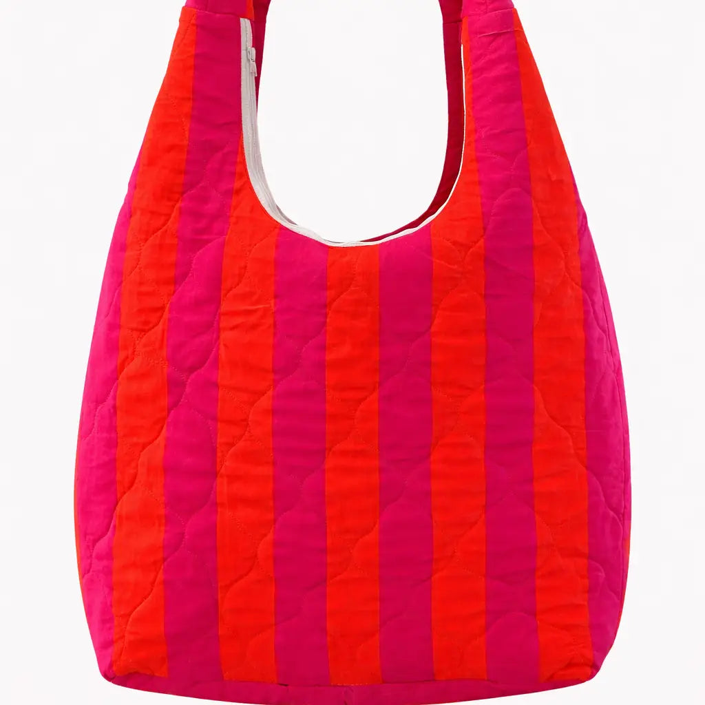 Hobo Shape Cotton Quilted Kantha Bag - Orange & Pink Stripe