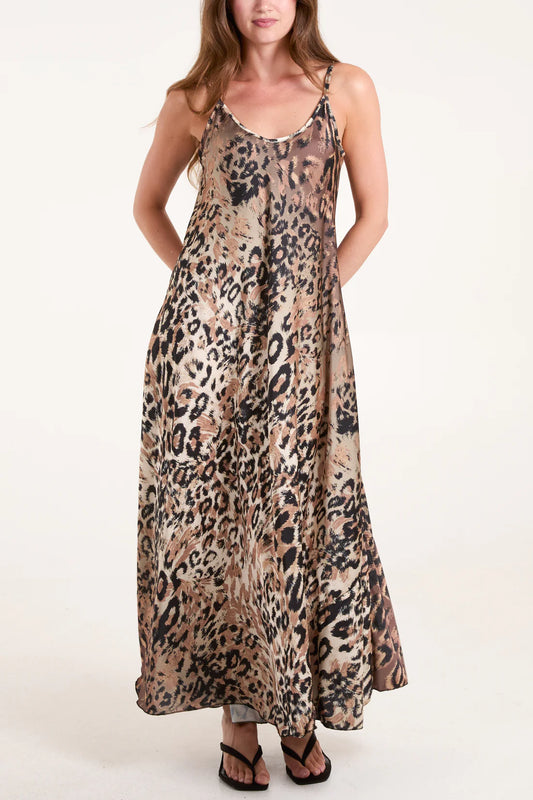 Anoushka Animal Print Satin Slip Dress - Khaki Or Tan