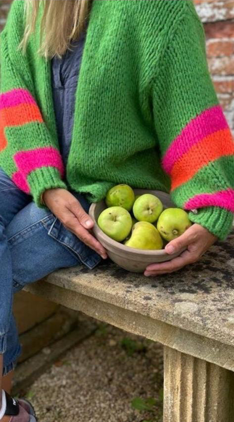 Kelly Green Chunky Knit Cardigan With Multi Stripe Cuffs