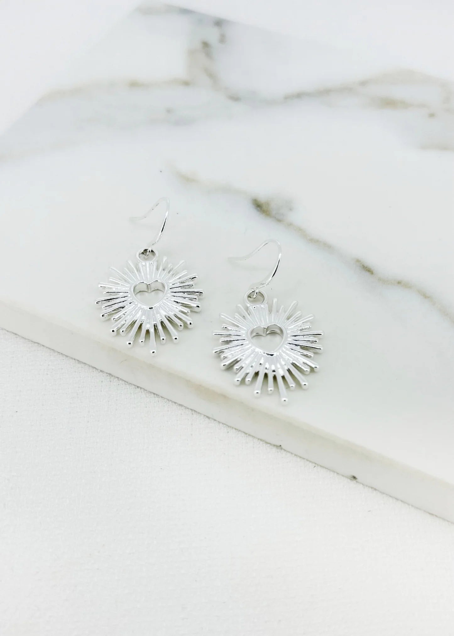 Envy Jewellery Sunburst Heart Dropper Earrings - Silver Or Gold Toned