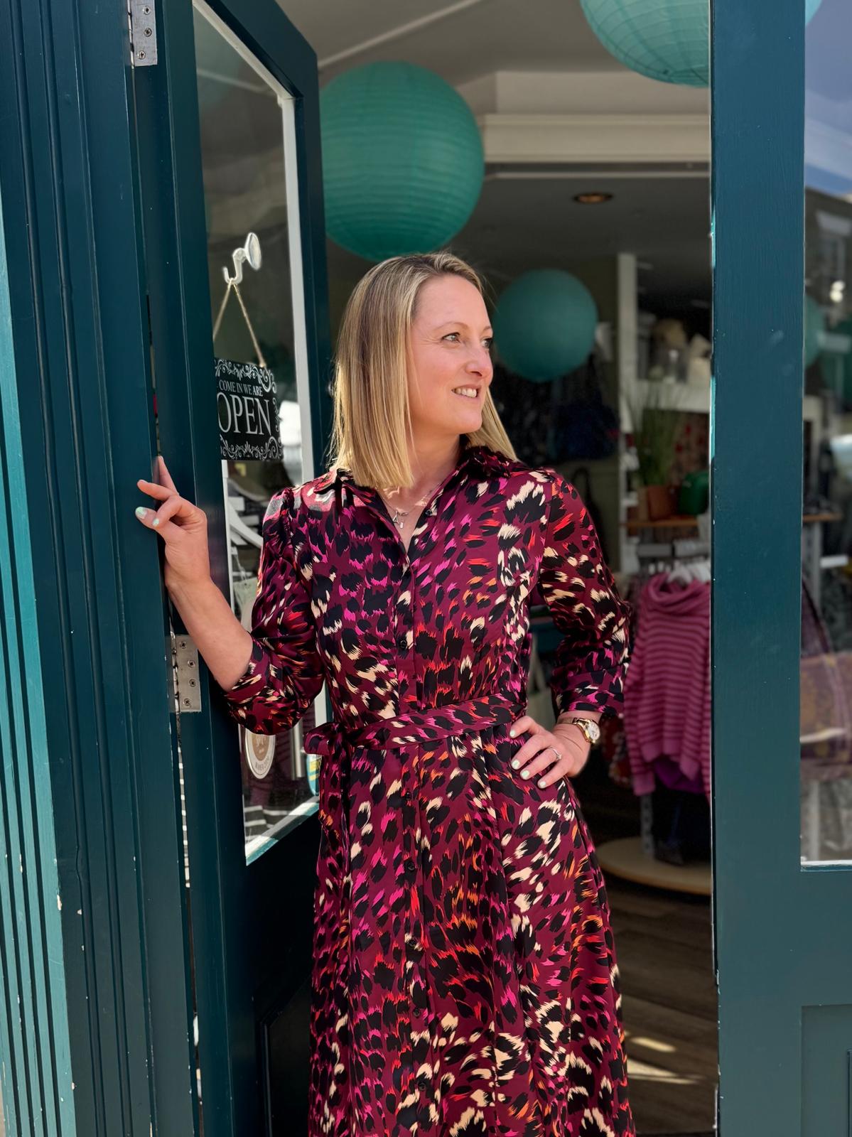 Candice Fuchsia & Berry Toned Animal Print Satin Maxi Shirt Dress