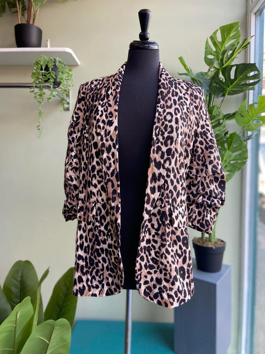 Anna Ruched Sleeved Leopard Print Blazer