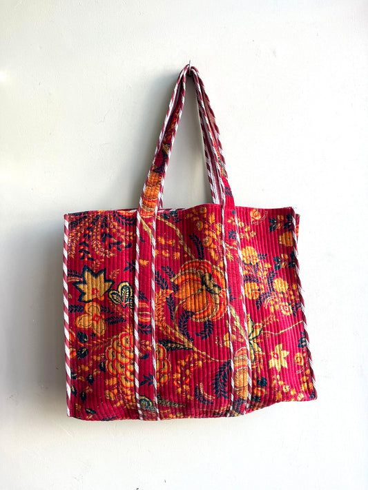 Velvet Kantha Quilted Tote Bag - Autumnal Floral Print - 4 Colours