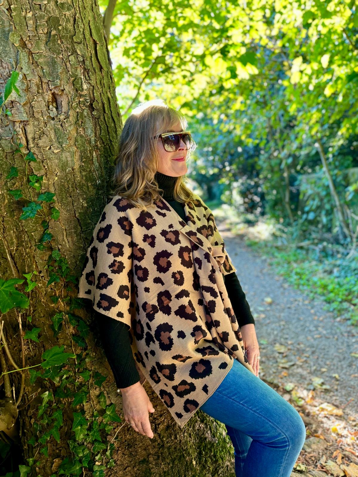 Diana Leopard Print Pull-Through Wrap Shawl - Camel