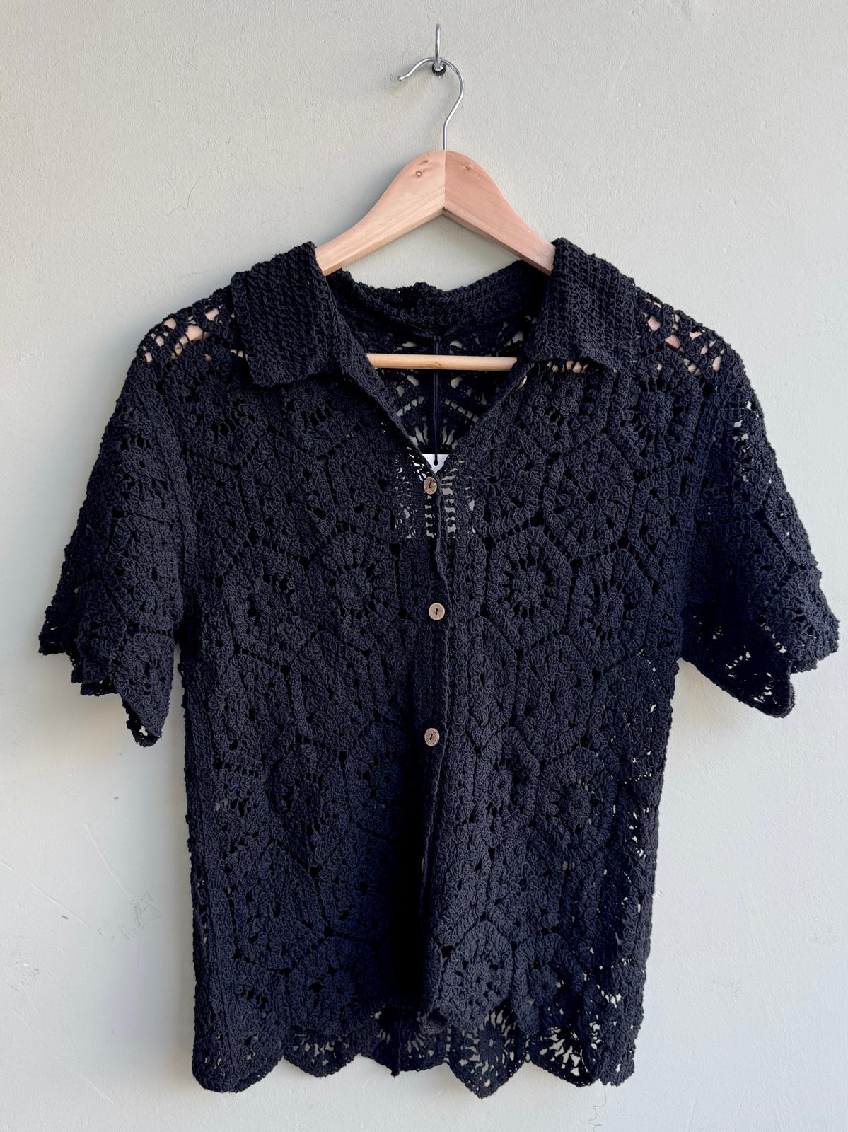 Sylvie Retro Style Short Sleeve Crochet Shirt 3 Colours