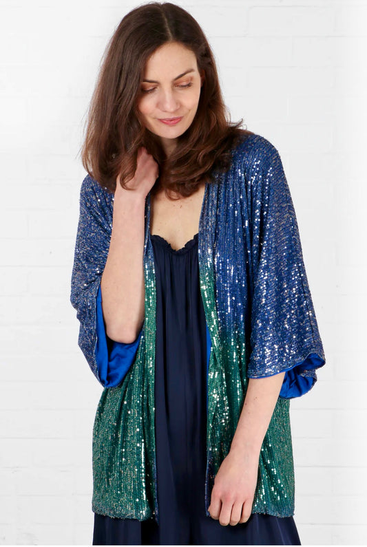 Natalia Ombré Sequin Short Kimono - Blue & Green