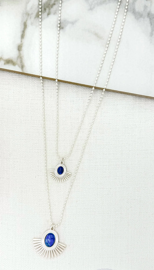 Envy Jewellery Long silver double layer necklace with 2 blue agate fan pendants