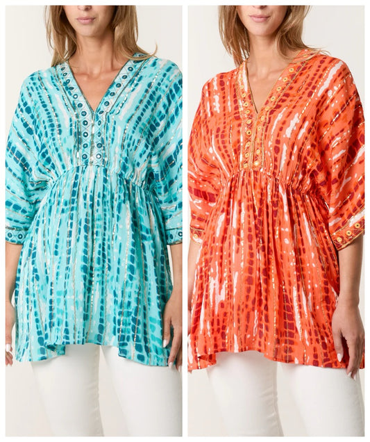 Mira Boho Ladder Tie Dye Tunic Top With Gold & Embellishments