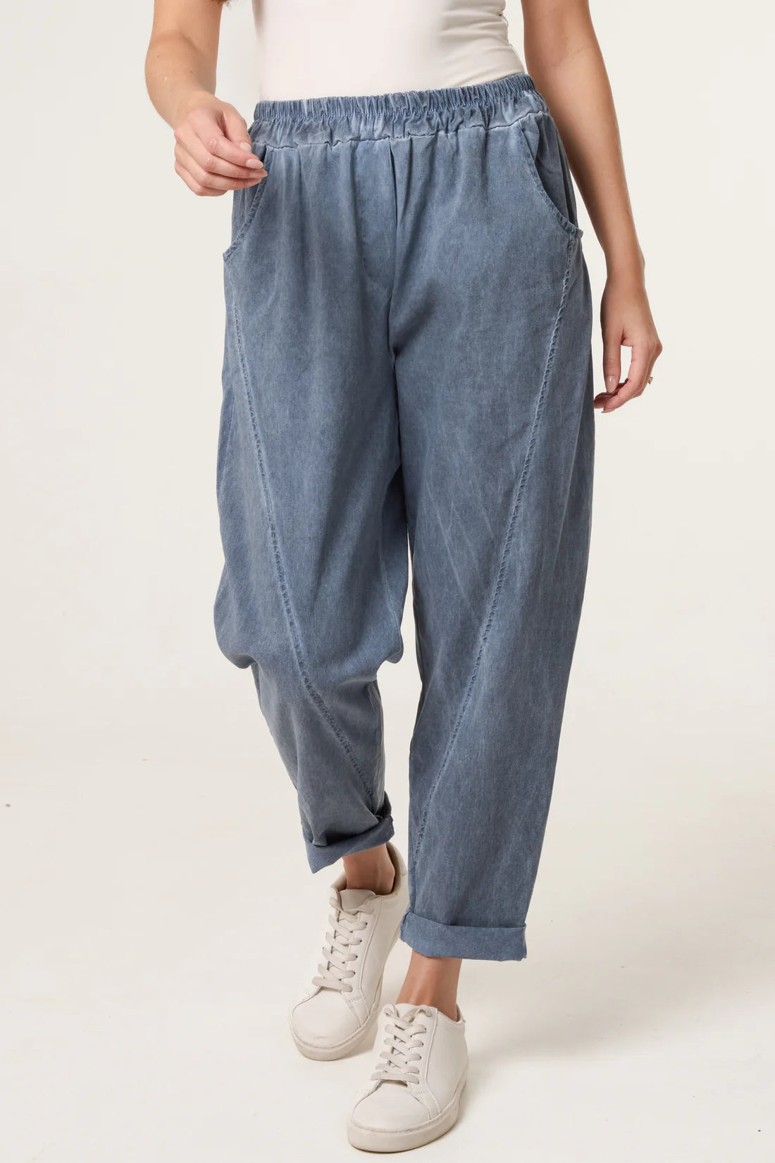 Lara Relaxed Fit Pull On Cocoon Trousers - Beige or Denim Wash