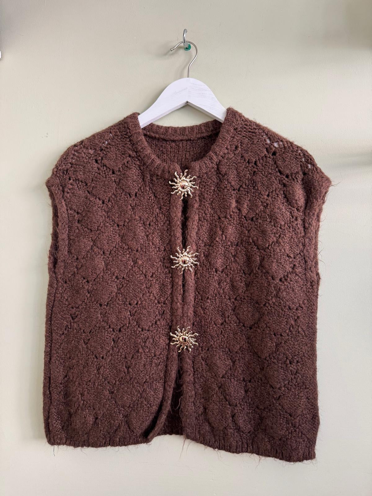 Teresa Pointelle Lace Knit Wool Blend Waistcoat Sweater Vest With Feature Sun Brooch Fastening - Sage Green, Rose Pink Or Chocolate Brown