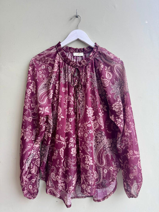 Sienna Paisley Boho Chiffon Blouse - Navy Or Burgundy