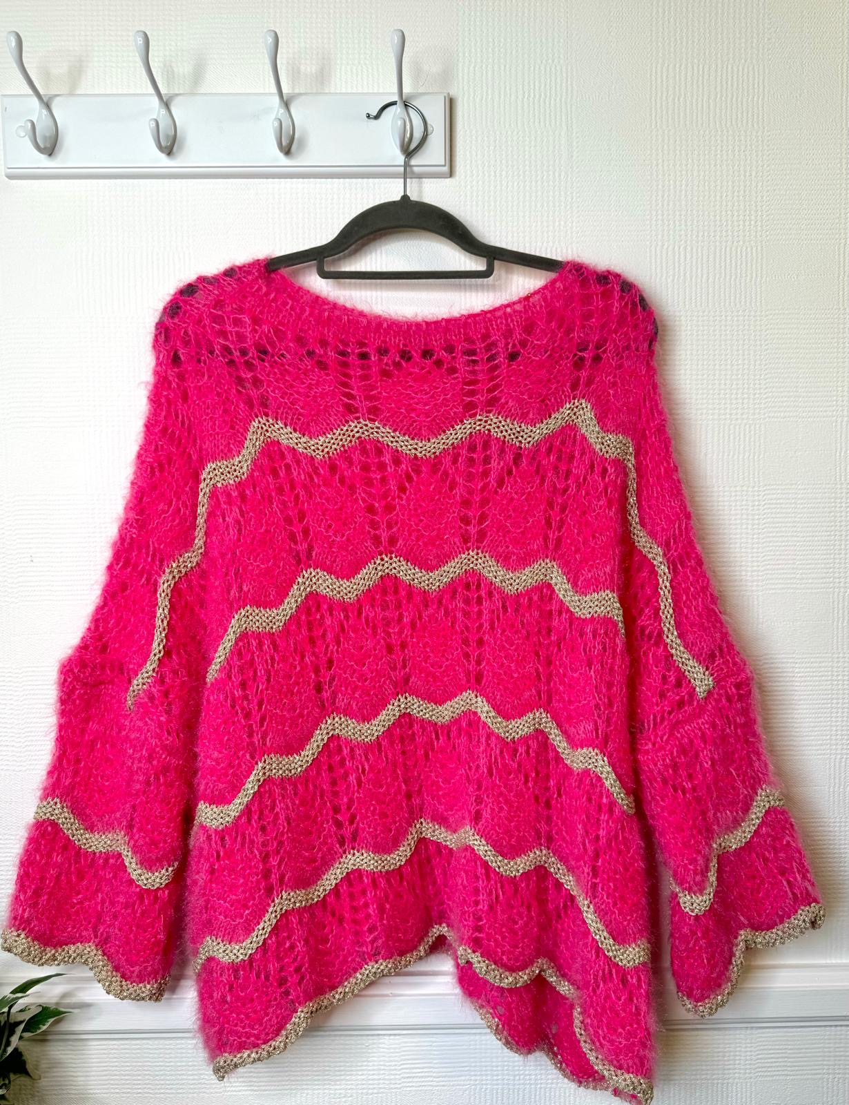 Iris Fluffy Pointelle Gold Scallop Fluffy Jumper - Royal Blue Or Cerise Pink