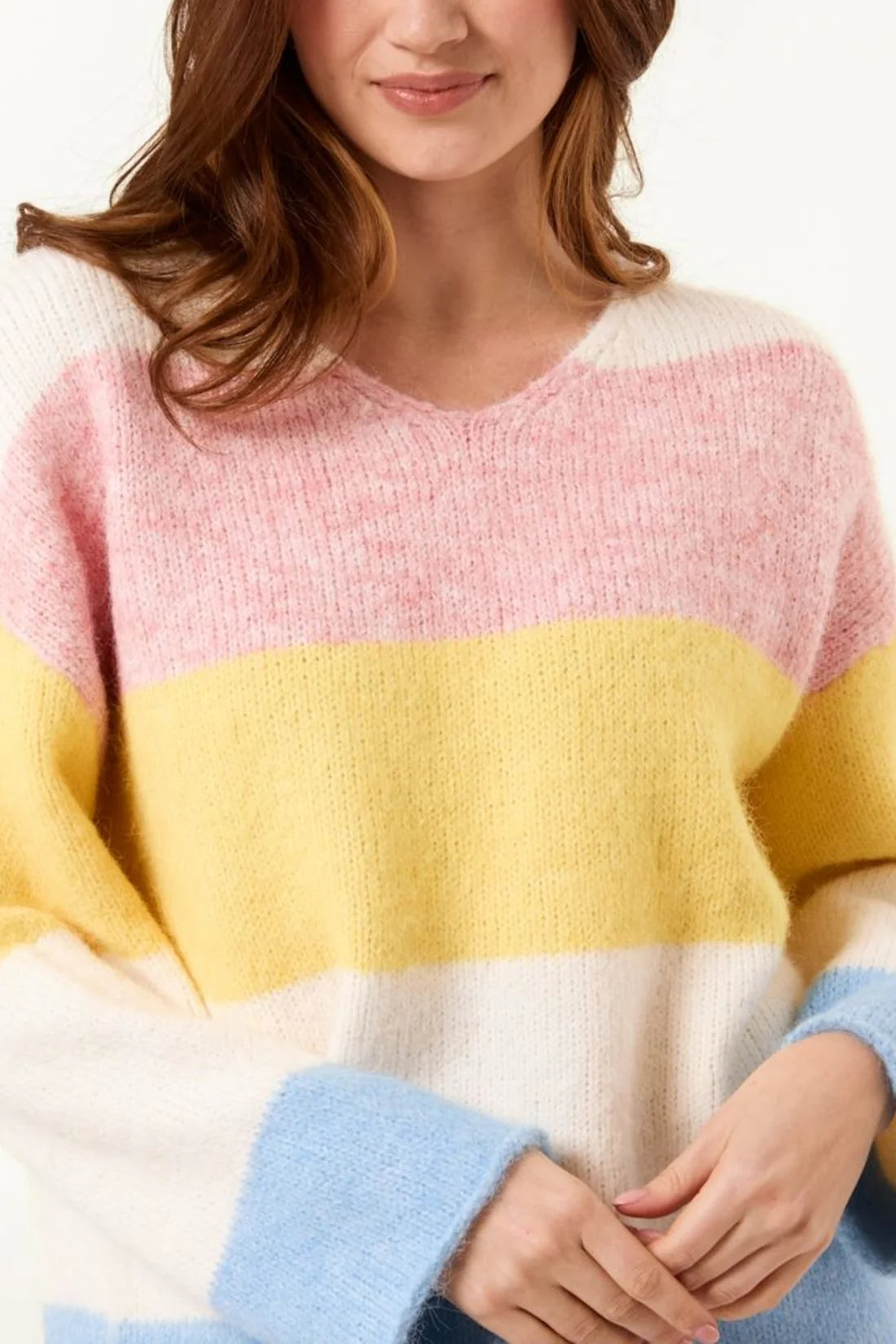 Pastel Multi Striped Soft Knit V Neck Jumper 