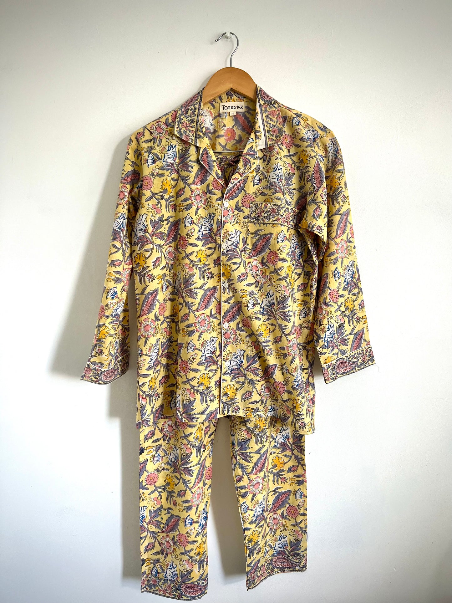 Hand Block Printed Indian Cotton Pyjamas - Yellow Floral