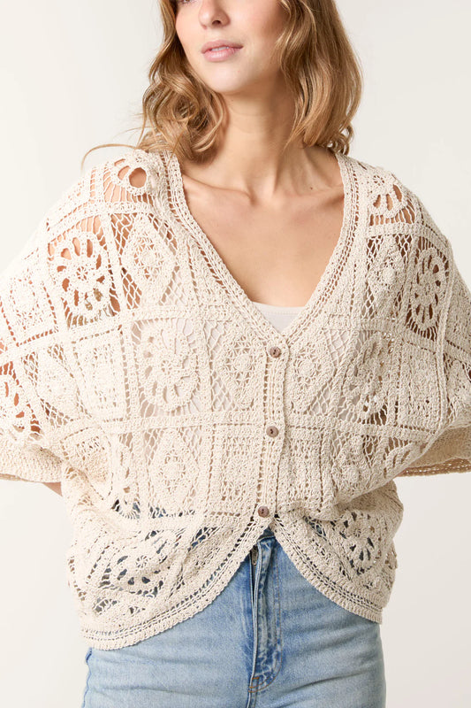 Melrose Cotton Crochet Batwing Sleeve Cardigan - Ecru Beige