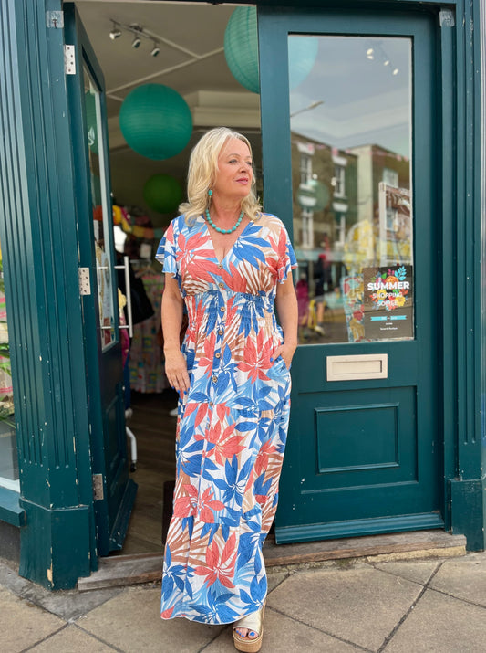 Hannah Blue & Coral Floral Shirred Waist Maxi Dress