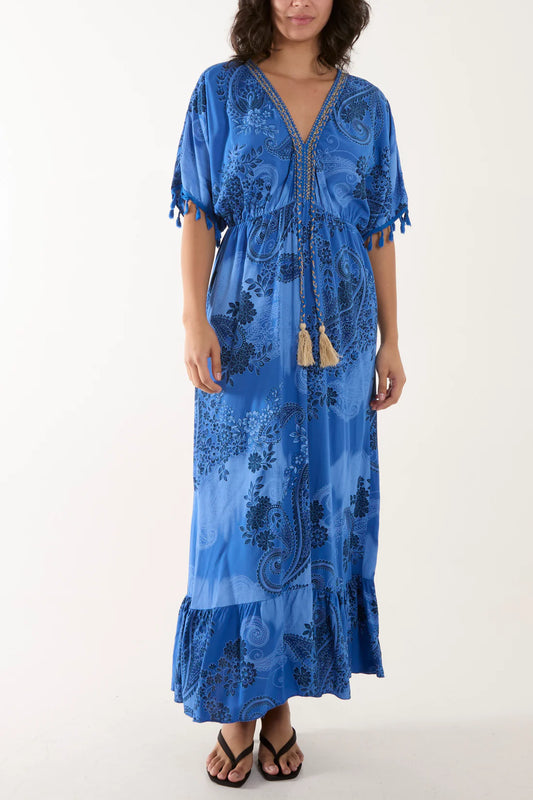Flora Paisley Print Tassel Maxi Dress - Lapis Blue