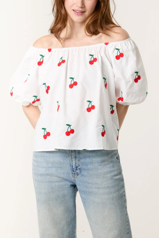 Cherry Bardot Neckline Embroidered Puff Sleeve Top - White