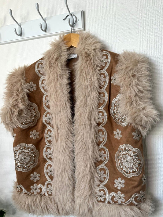 Arwen Boho Faux Fur Trim Embroidered Waistcoat/Gilet