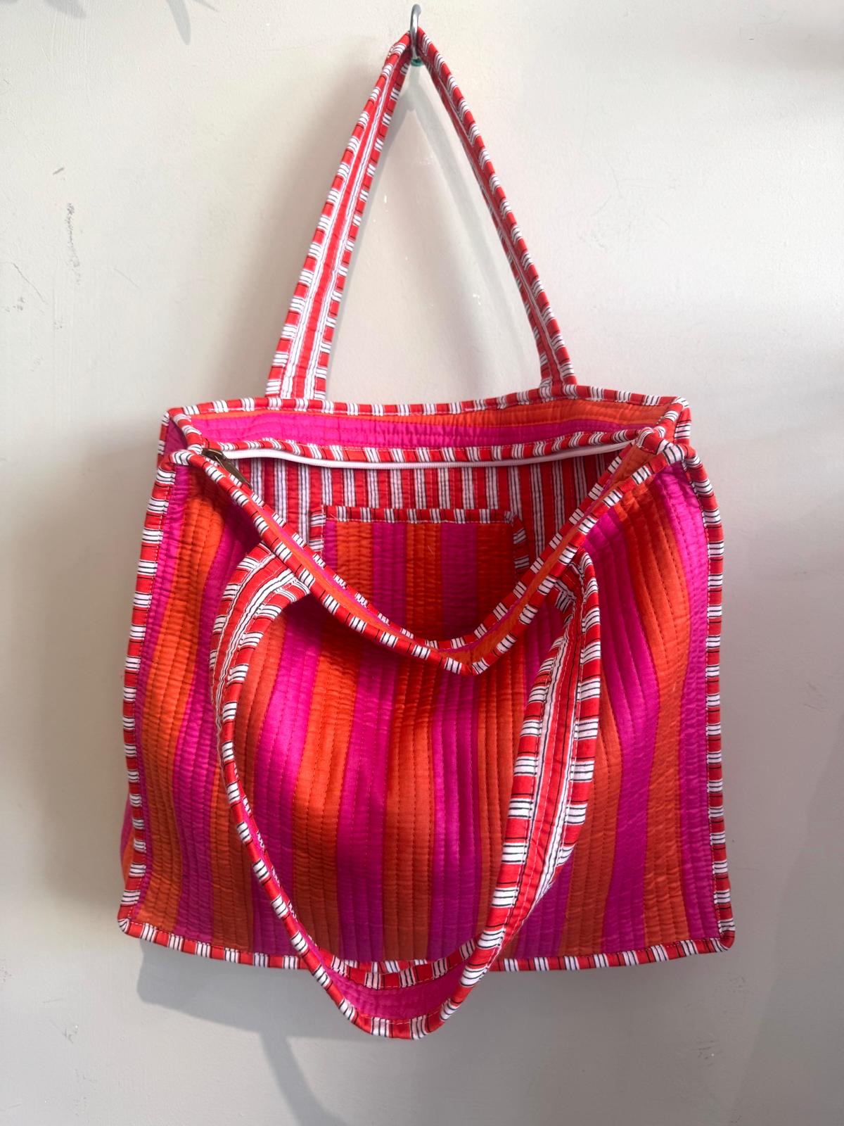 Joyful Orange & Pink Stripe Kantha Tote Bag