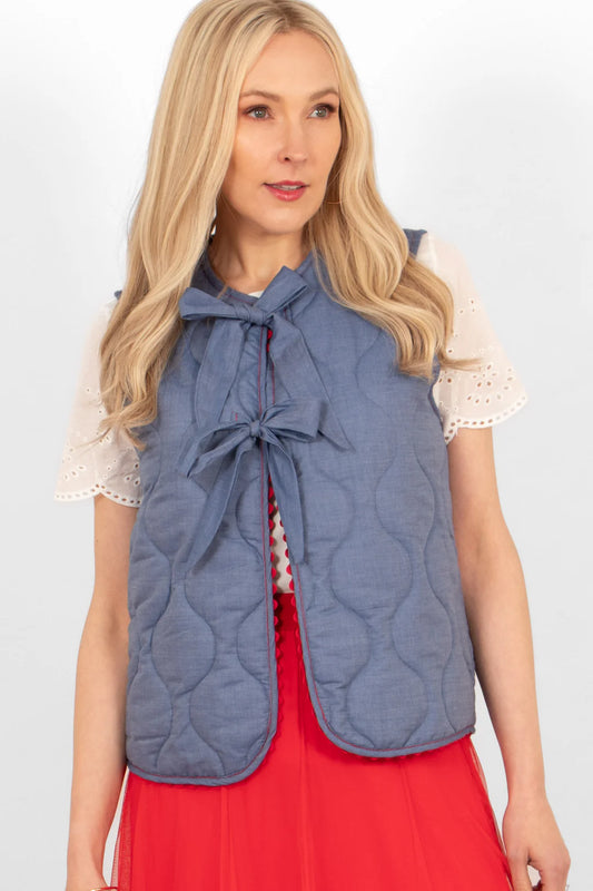 Alba Denim Quilted Gilet Waistcoat With Tie Fastening