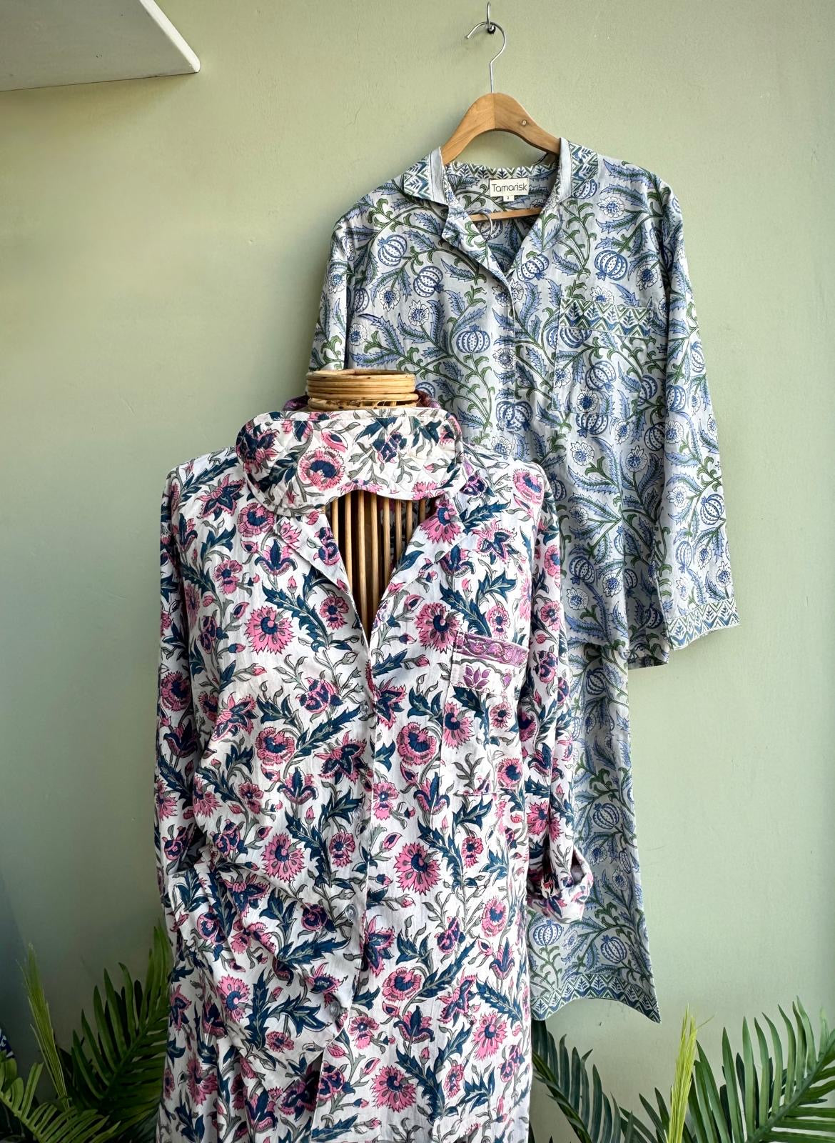 Tamarisk Bazaar Hand Block Printed Indian Cotton Pyjamas - Blue, White & Pink Floral