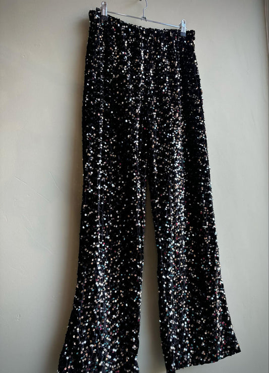 Black wide leg pull on trousers with silver sequins 