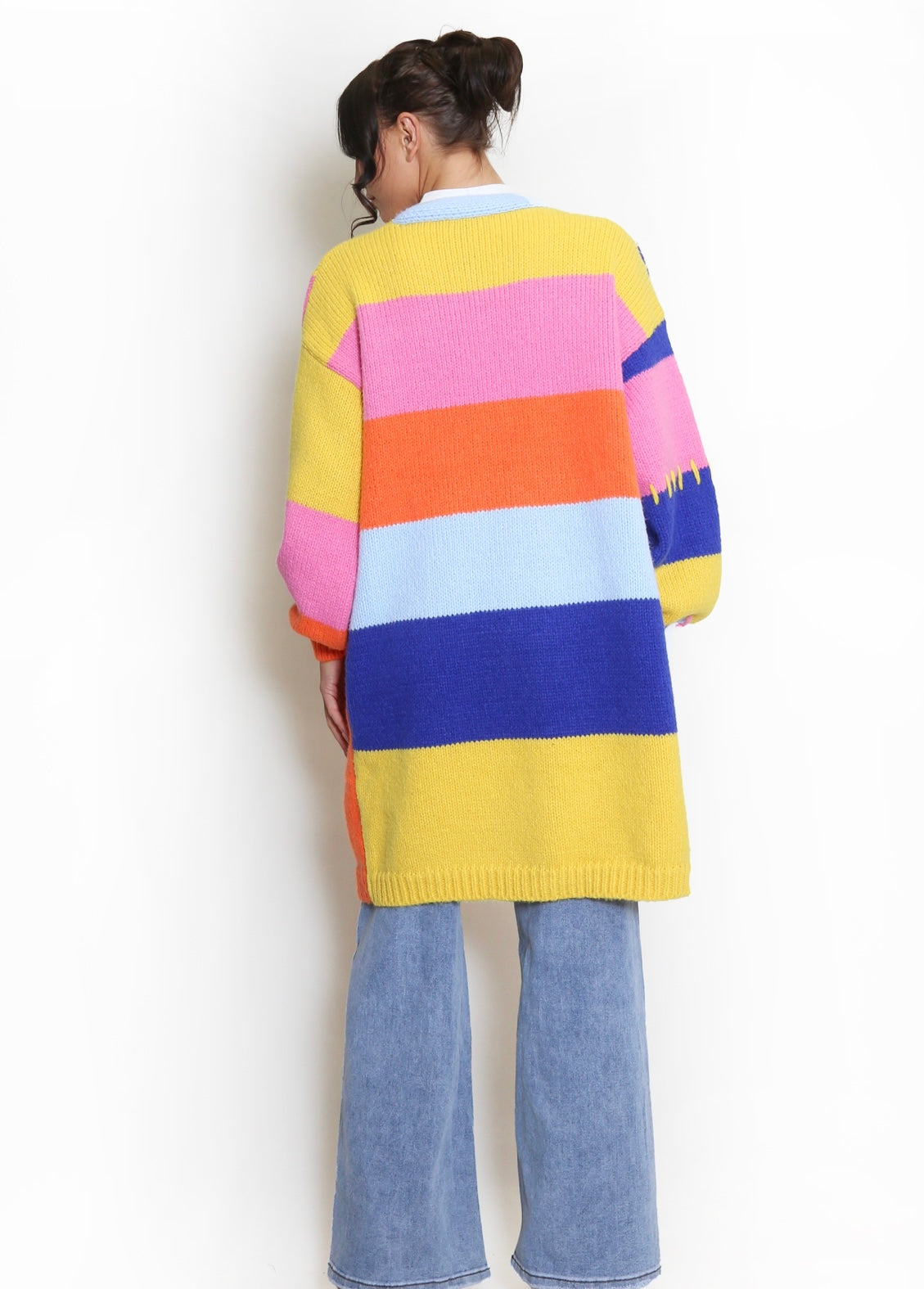 Tilly Chunky Multicoloured Patched Long Cardigan With Blanket Stitch & Large Floral Appliqué Trim