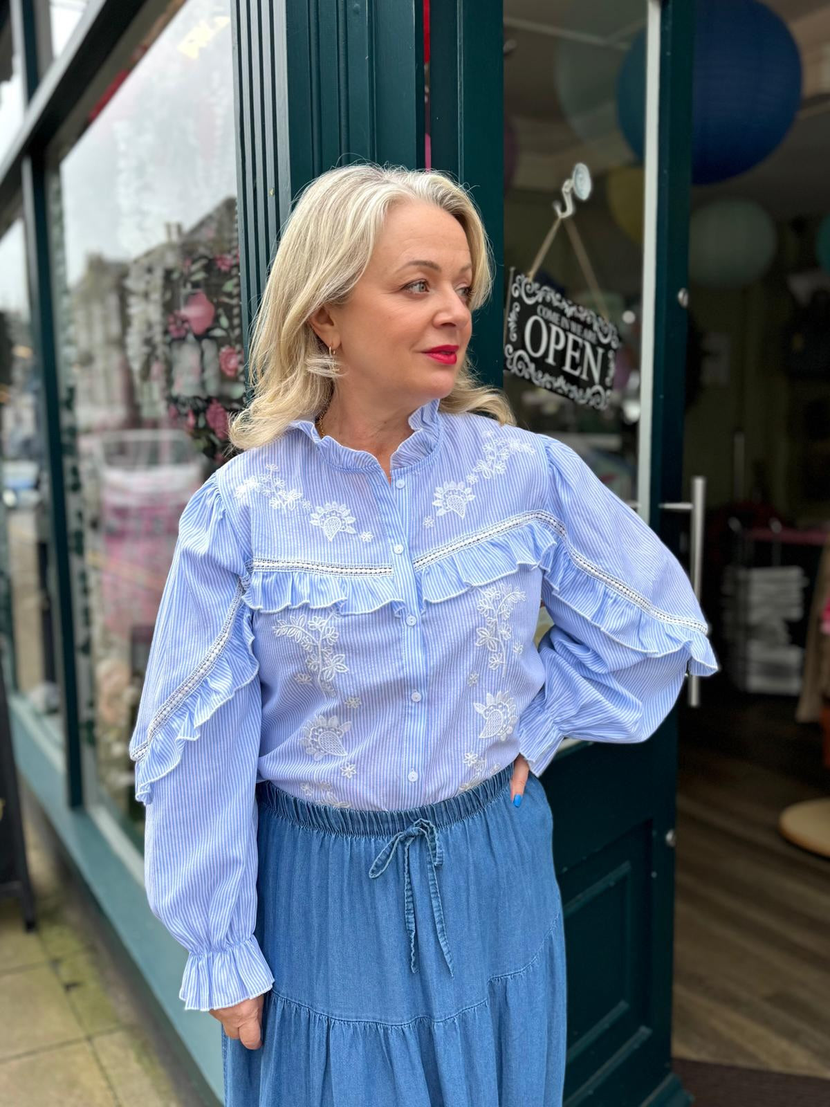 Iris Candy Stripe Frill & Embroidery Trim Blouse With Pie Crust Collar - Pink Or Blue
