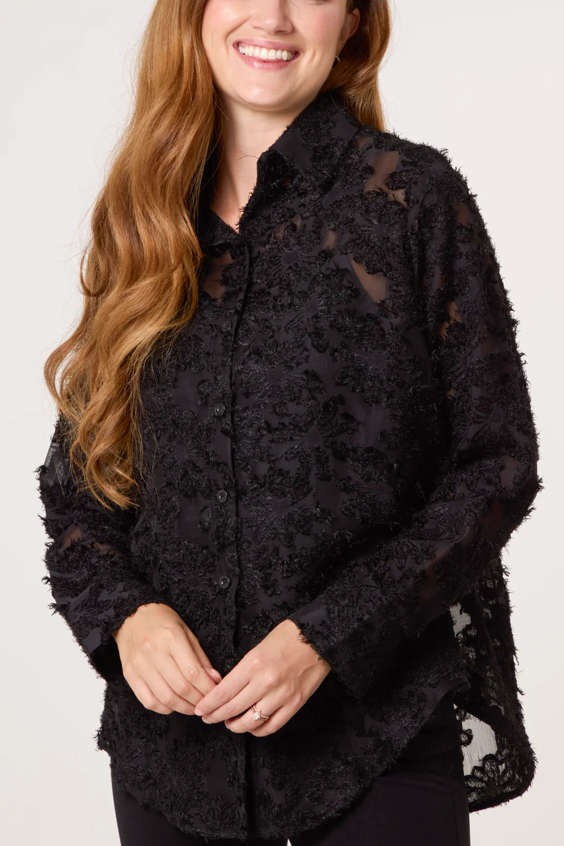 Chrissie Navy  Devore Floral Shirt With Satin Camisole