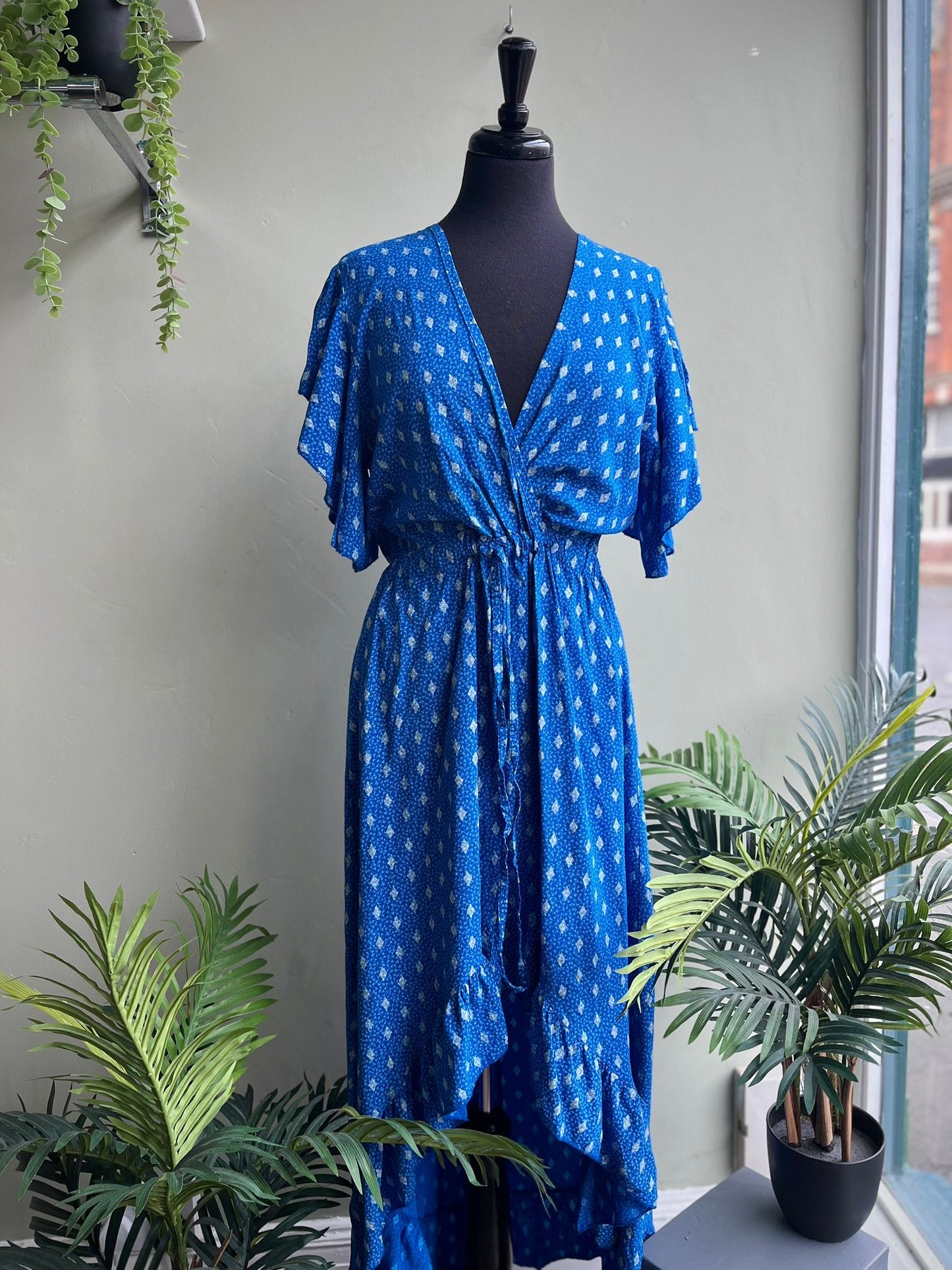 Willow Angel Sleeve Faux Wrap Dress With Hi/Lo Hem - Pink Or Blue Tile Print